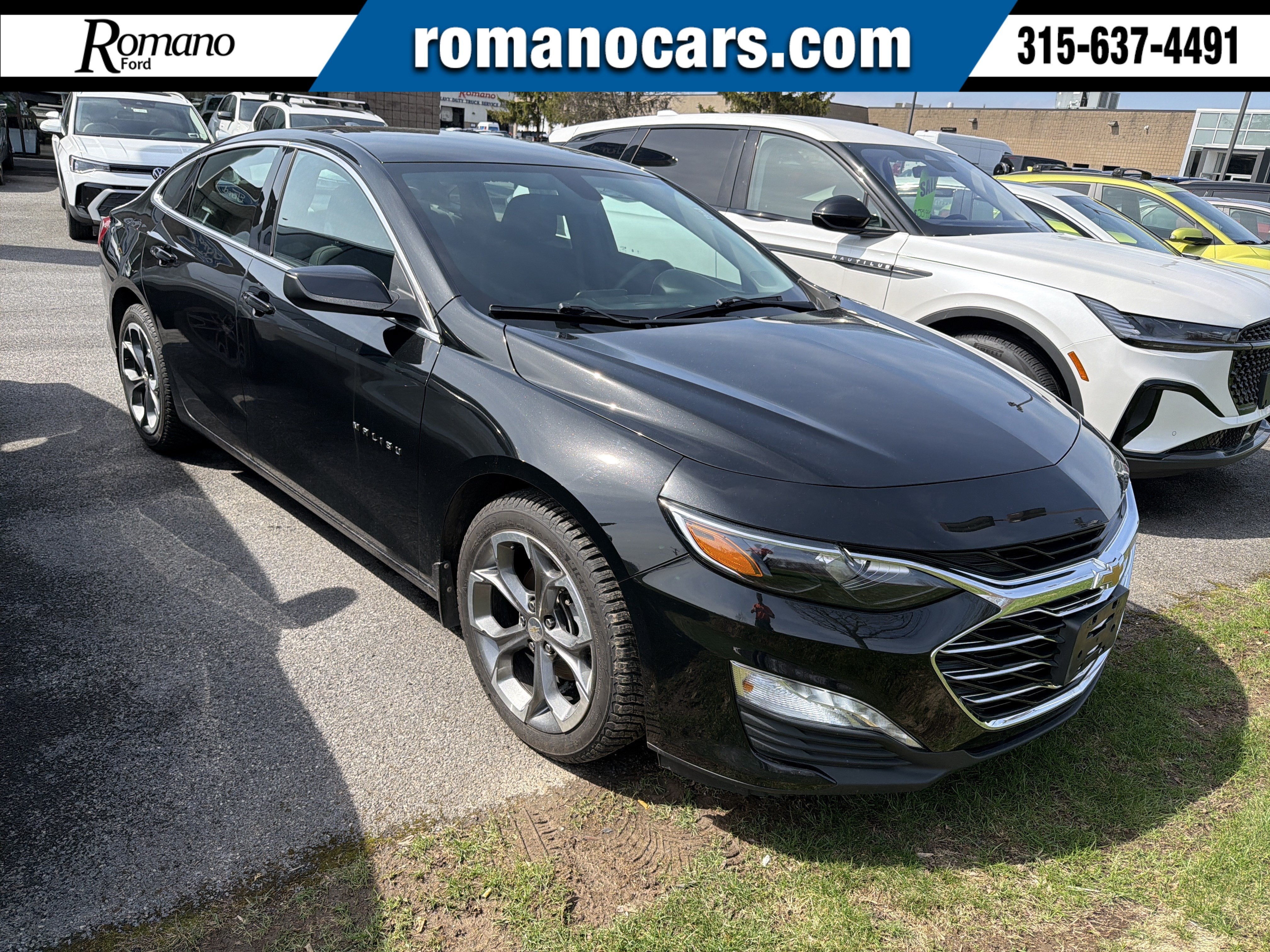 2020 Chevrolet Malibu LT in Mosaic Black Metallic — front three-quarter view